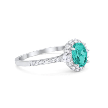 Art Deco Halo Oval Wedding Ring Simulated Paraiba Tourmaline CZ 925 Sterling Silver